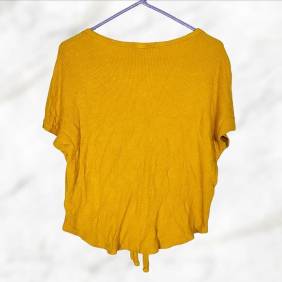 Pink Rose Mustard Yellow‎ Waffle Knit Short Sleeve Button Down Tie Top Size M - Picture 4 of 9